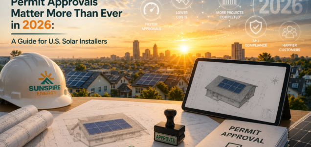Solar permit design workspace showing CAD roof plan, AHJ approval stamp, and Sunspire Energy solar permit checklist