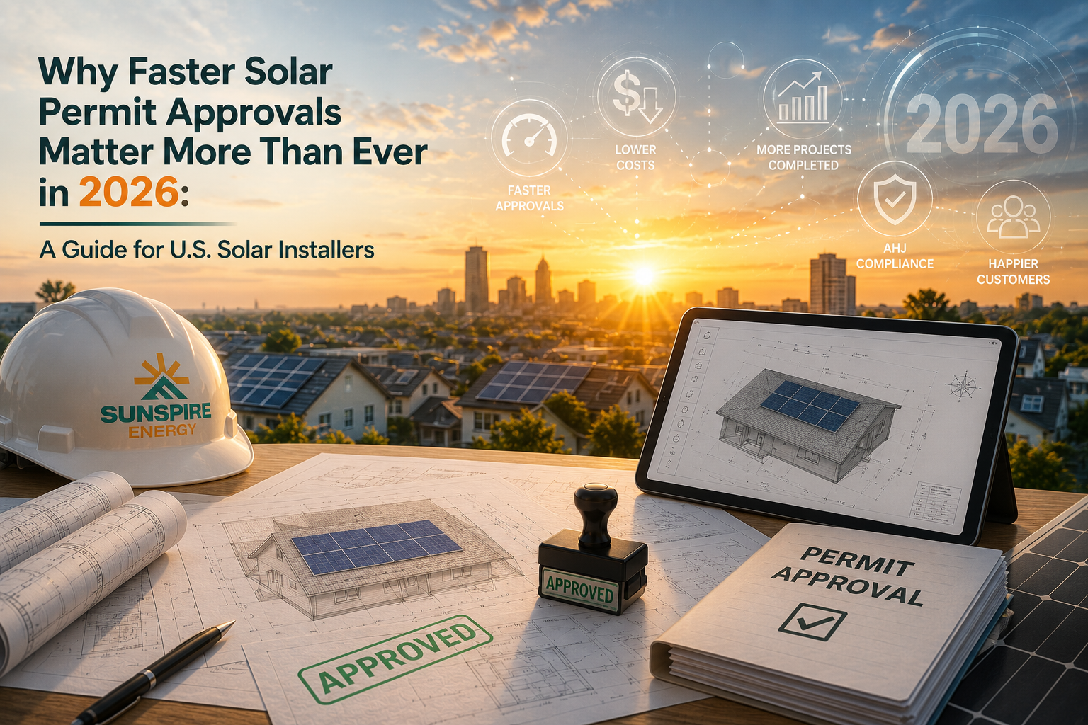 Solar permit design workspace showing CAD roof plan, AHJ approval stamp, and Sunspire Energy solar permit checklist