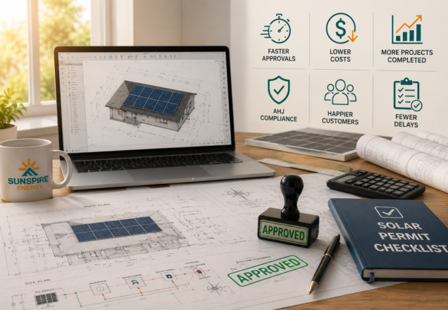 Solar permit design workspace showing CAD roof plan, AHJ approval stamp, and Sunspire Energy solar permit checklist