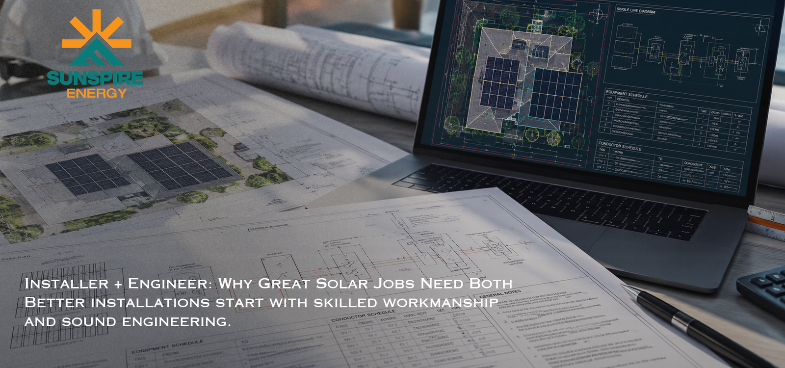 Solar installer and engineer reviewing cable sizing on a rooftop solar array